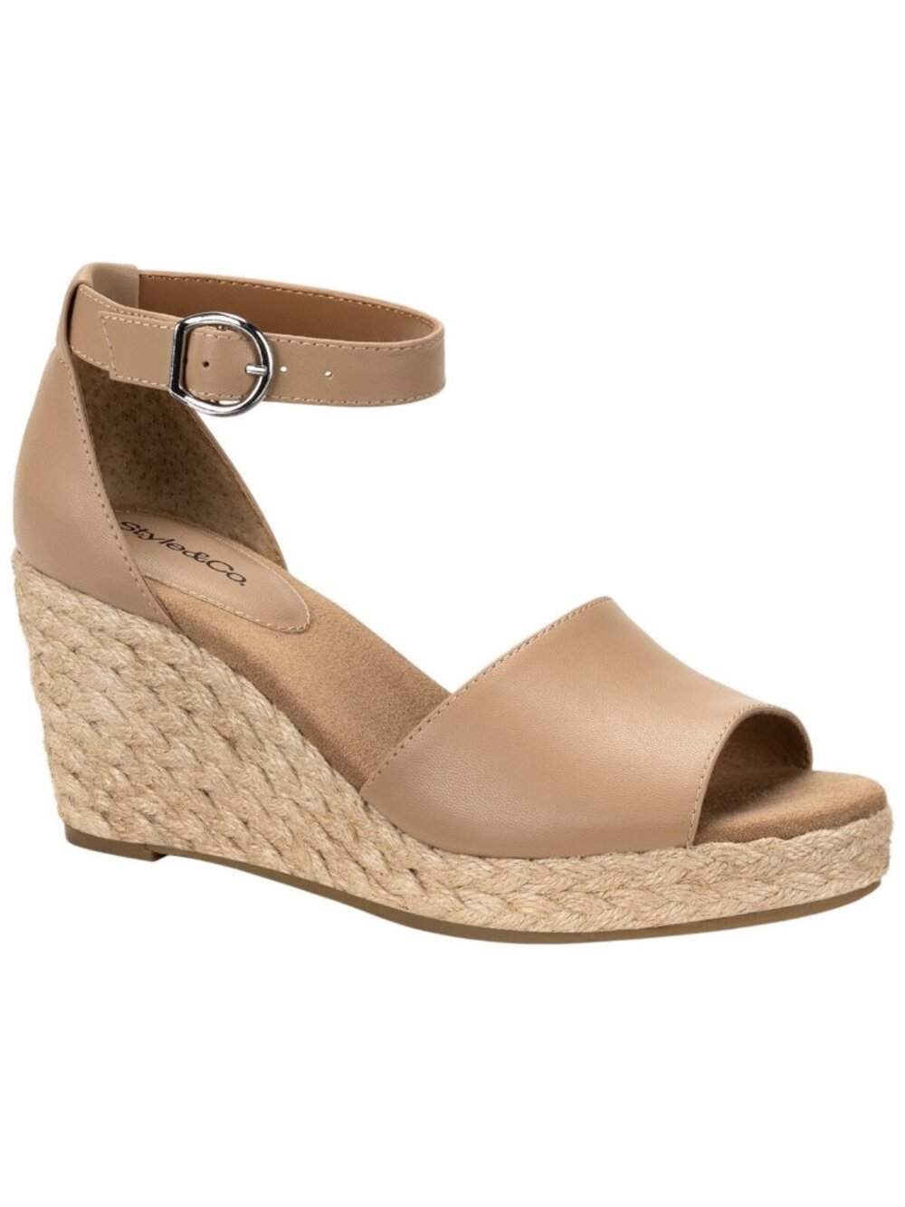 NWT Style & Co. Seleene Faux Leather Open Toe Wedge Sandals Beige Brown 9M